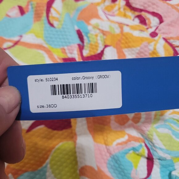 Birdsong Size 38DD Ruffle Halter Underwire Tankini Swim Top Ruched Groovy Print - Picture 10 of 12